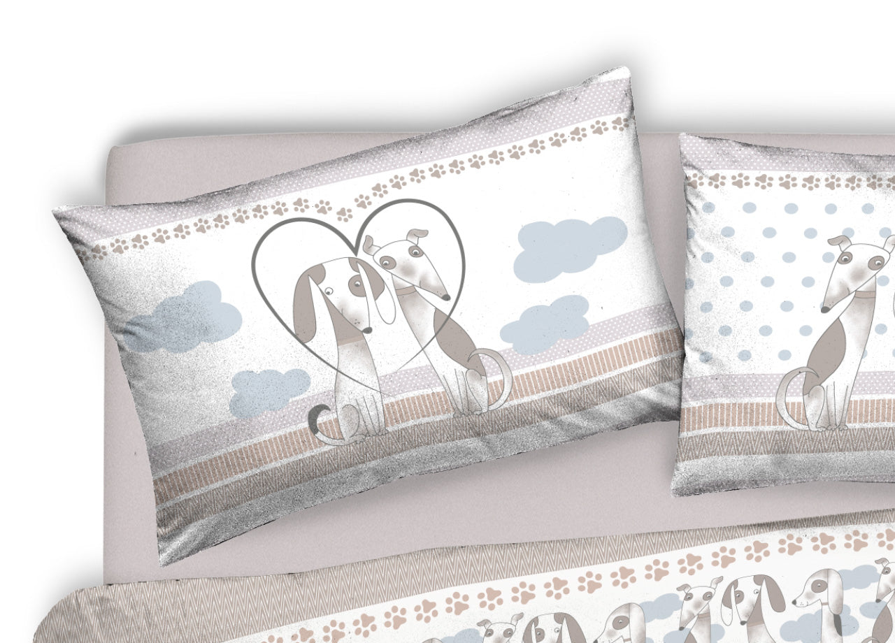 Copripiumino Sacco Piumone Pensieri Delicati Cotone Disegno Bau Bau - Singolo - Grigio