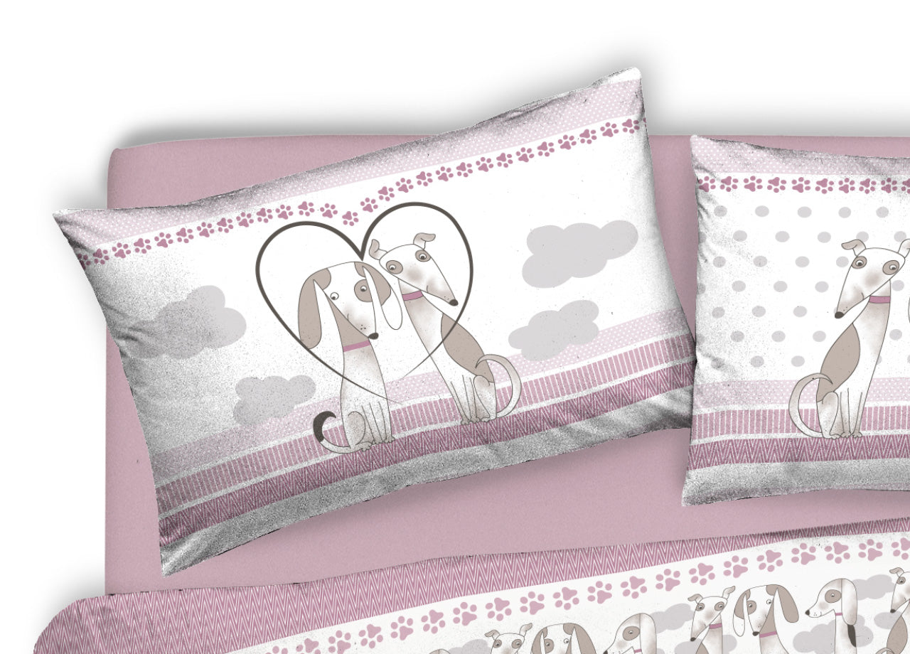 Copripiumino Sacco Piumone Pensieri Delicati Cotone Disegno Bau Bau - Matrimoniale - Rosa