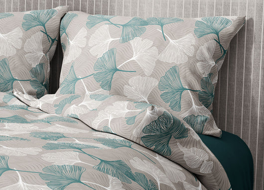 Sacco Copripiumino In 100% Cotone Made Italy Moderno Disegno Ginko - Matrimoniale - Verde