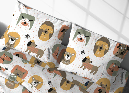 Completo Lenzuola Letto Morbida Flanella 100% Cotone Dis. Cani - Matrimoniale - Cani