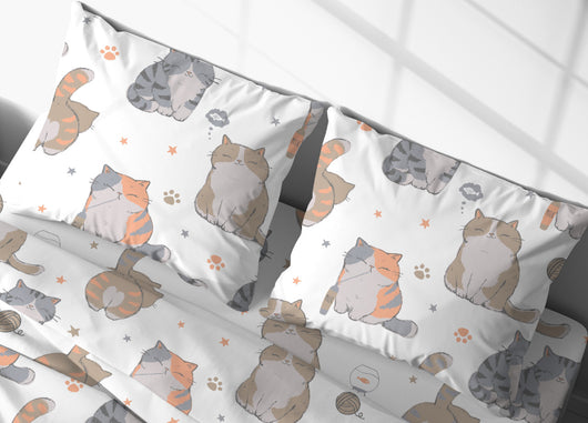 Completo Lenzuola Letto In 100% Cotone Made Italy Disegno Gatti 25GI - Francese - Gatti 25GI