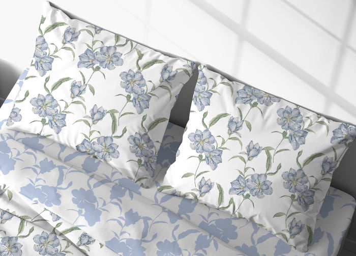 Completo Lenzuola Letto In 100% Cotone Made Italy Disegno Magnolia - Maxi - Azzurro