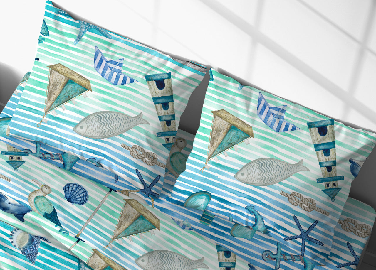 Completo Lenzuola Letto In 100% Cotone Made Italy Disegno Mare 25GI - Piazza E Mezza - Mare 25GI