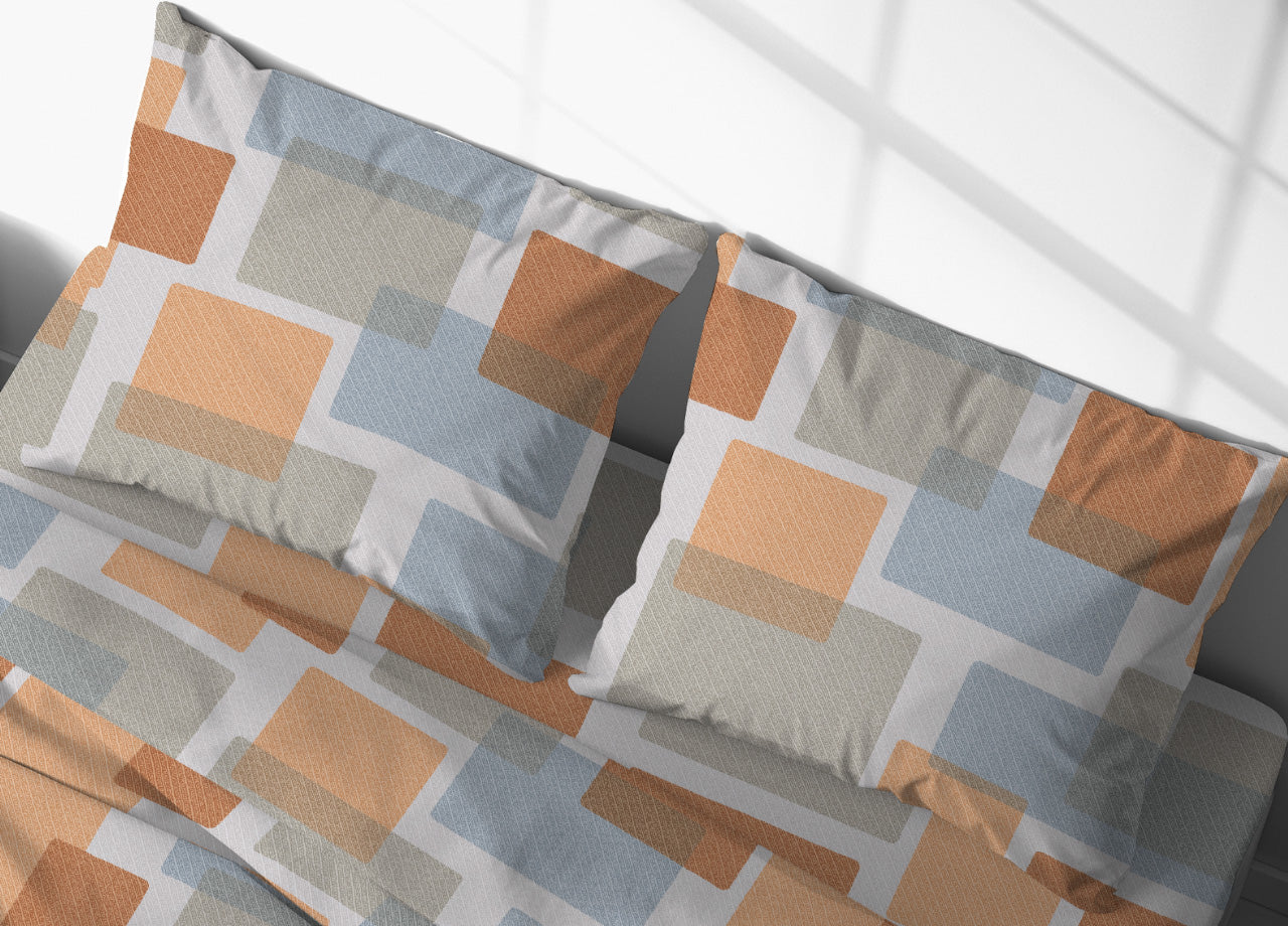 Completo Lenzuola Letto In 100% Cotone Made Italy Disegno Square GI - Piazza E Mezza - Arancio