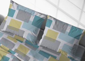 Completo Lenzuola Letto Morbida Flanella 100% Cotone Dis. Square - Matrimoniale - Azzurro