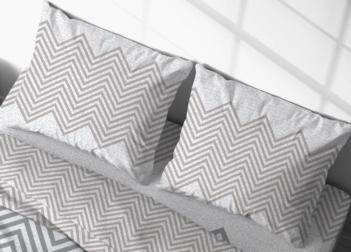 Completo Lenzuola Letto In 100% Cotone Made Italy Disegno Zig Zag - Singolo - Beige