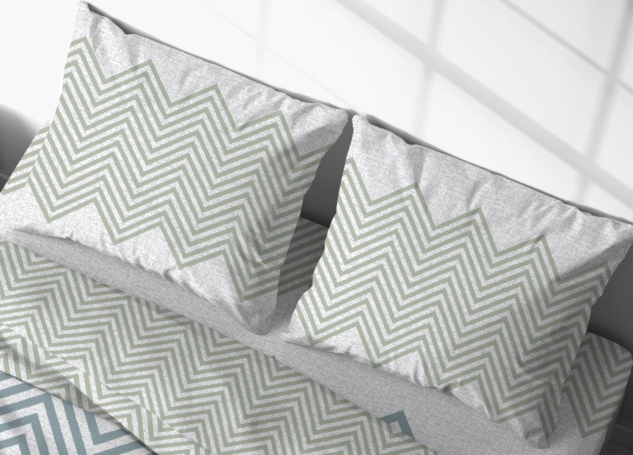 Completo Lenzuola Letto In 100% Cotone Made Italy Disegno Zig Zag - Singolo - Verde