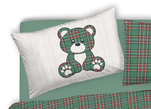 Copripiumino Sacco Piumone Pensieri Delicati 100% Cotone Orsetto Tartan - Singolo - Verde