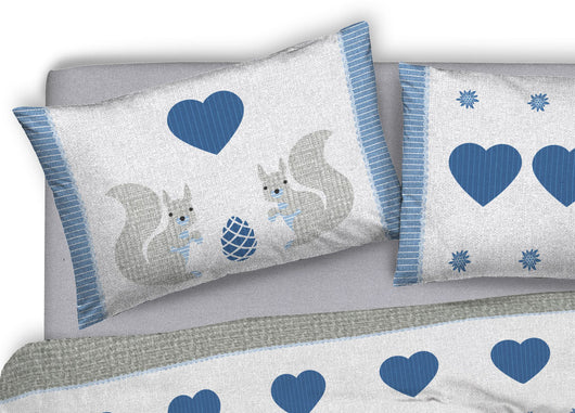 Copripiumino Sacco Piumone Pensieri Delicati 100% Cotone Disegno Scoiattolo - Singolo - Blu