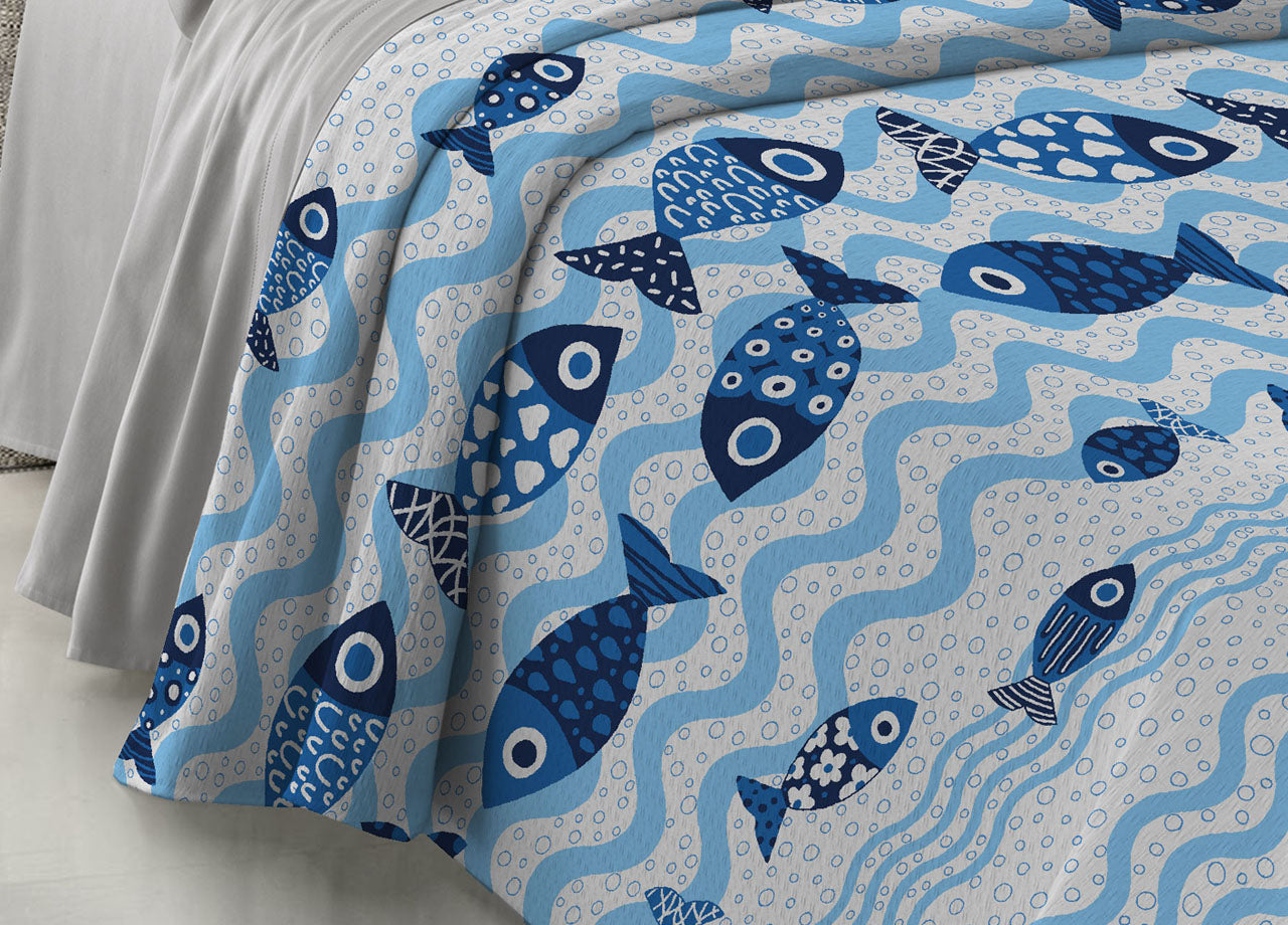 Copriletto Piquet Primavera Estate 100% Cotone Disegno Pesciolini - Matrimoniale - Blu