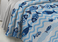 Copriletto Piquet Primavera Estate 100% Cotone Disegno Pesciolini - Matrimoniale - Blu