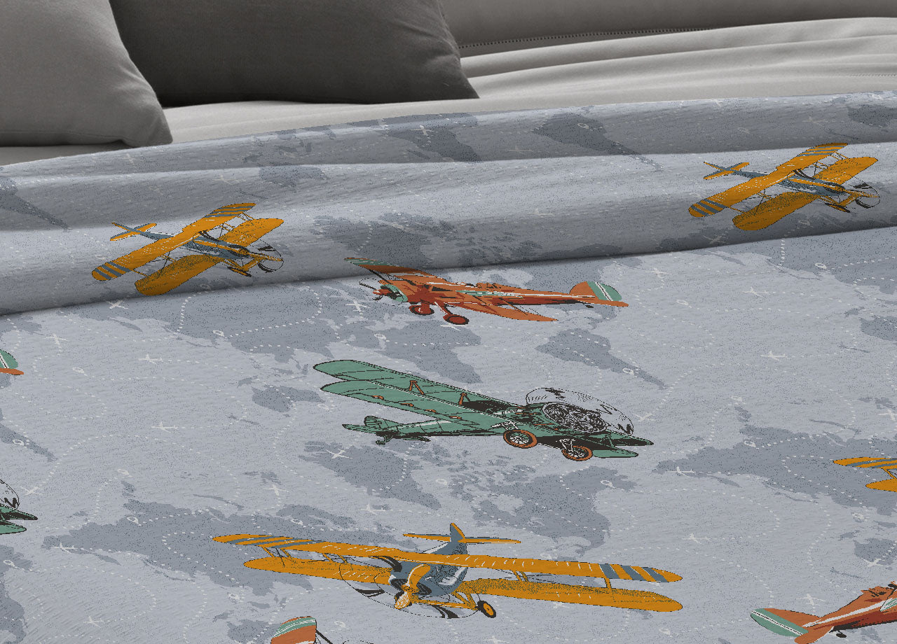 Copriletto Piquet Primavera Estate 100% Cotone Disegno Aerei - 1 Piazza e Mezza - Grigio