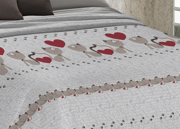 Copriletto Piquet Primavera Estate 100% Cotone Disegno Gattini Cuori - Matrimoniale - Beige