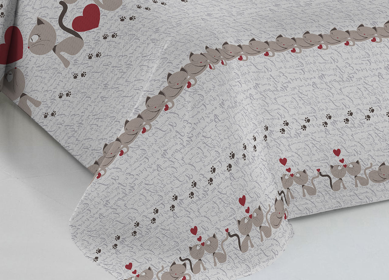 Copriletto Piquet Primavera Estate 100% Cotone Disegno Gattini Cuori - Matrimoniale - Beige