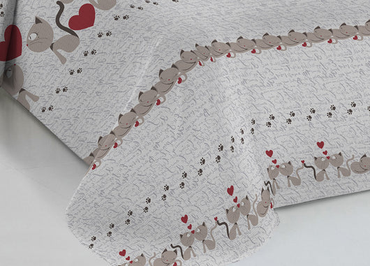 Copriletto Piquet Primavera Estate 100% Cotone Disegno Gattini Cuori - Matrimoniale - Beige