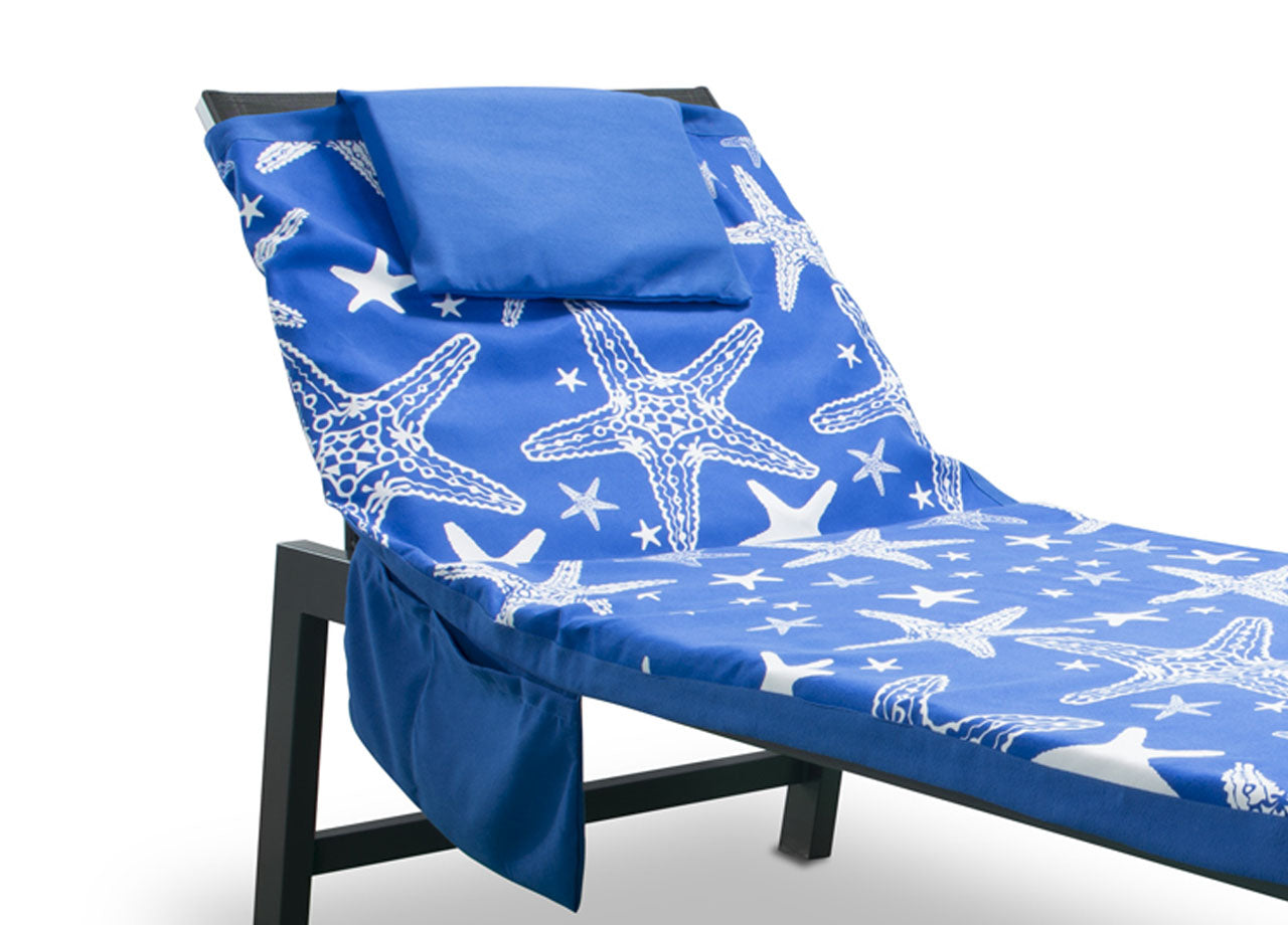 Telo Mare Microfibra Da Lettino Con Cuscino E Tasche Modello Miami Blu