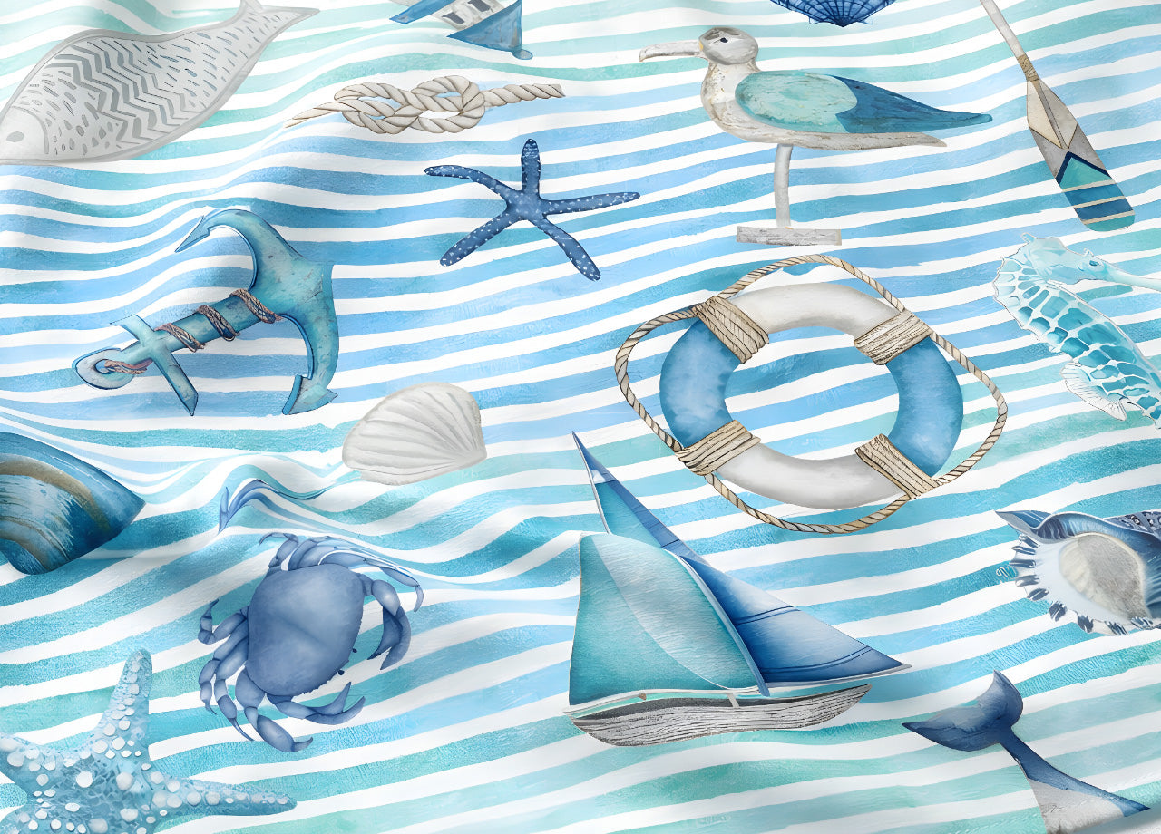 Sacco Copripiumino In 100% Cotone Made Italy Disegno Mare - Singolo - Azzurro