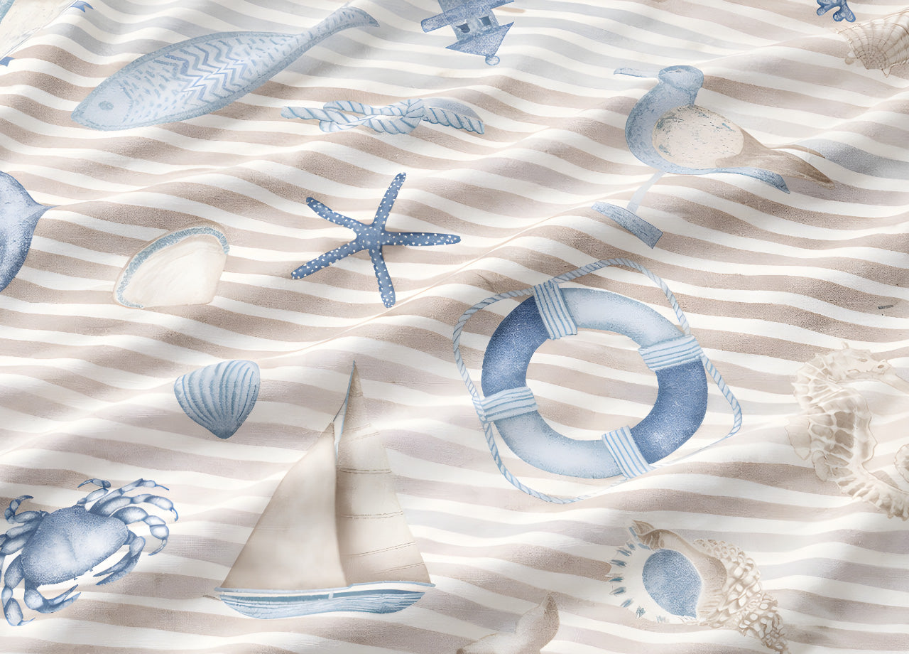 Sacco Copripiumino In 100% Cotone Made Italy Disegno Mare - Matrimoniale - Beige