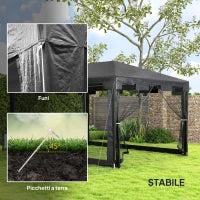 Gazebo 4x3 m Pieghevole con Zanzariera e 2 Ingressi, in Metallo e PE, Grigio Scuro