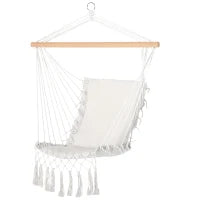 Sedia Sospesa a Dondolo da Interno ed Esterno in Tessuto con Nappe, 90x50 cm, Crema