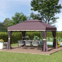 Gazebo da Giardino 3x4m con Doppio Tetto, Zanzariera e Tende, Alluminio e Poliestere, Color Caffè