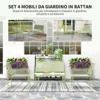 Salotto da Esterno in Rattan PE con Divanetto, 2 Poltroncine e Tavolino con Piano in Vetro, Verde