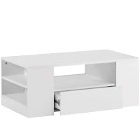 Tavolino da Salotto Moderno Lucido con 2 Cassetti, 2 Ripiani e Illuminazione LED, Bianco