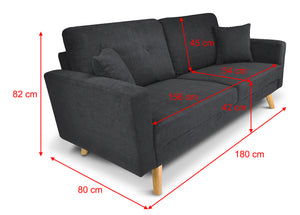 Divano 3 posti in tessuto vellutato nero piedi in legno mod. Chloe DI-CH10FBC-PL