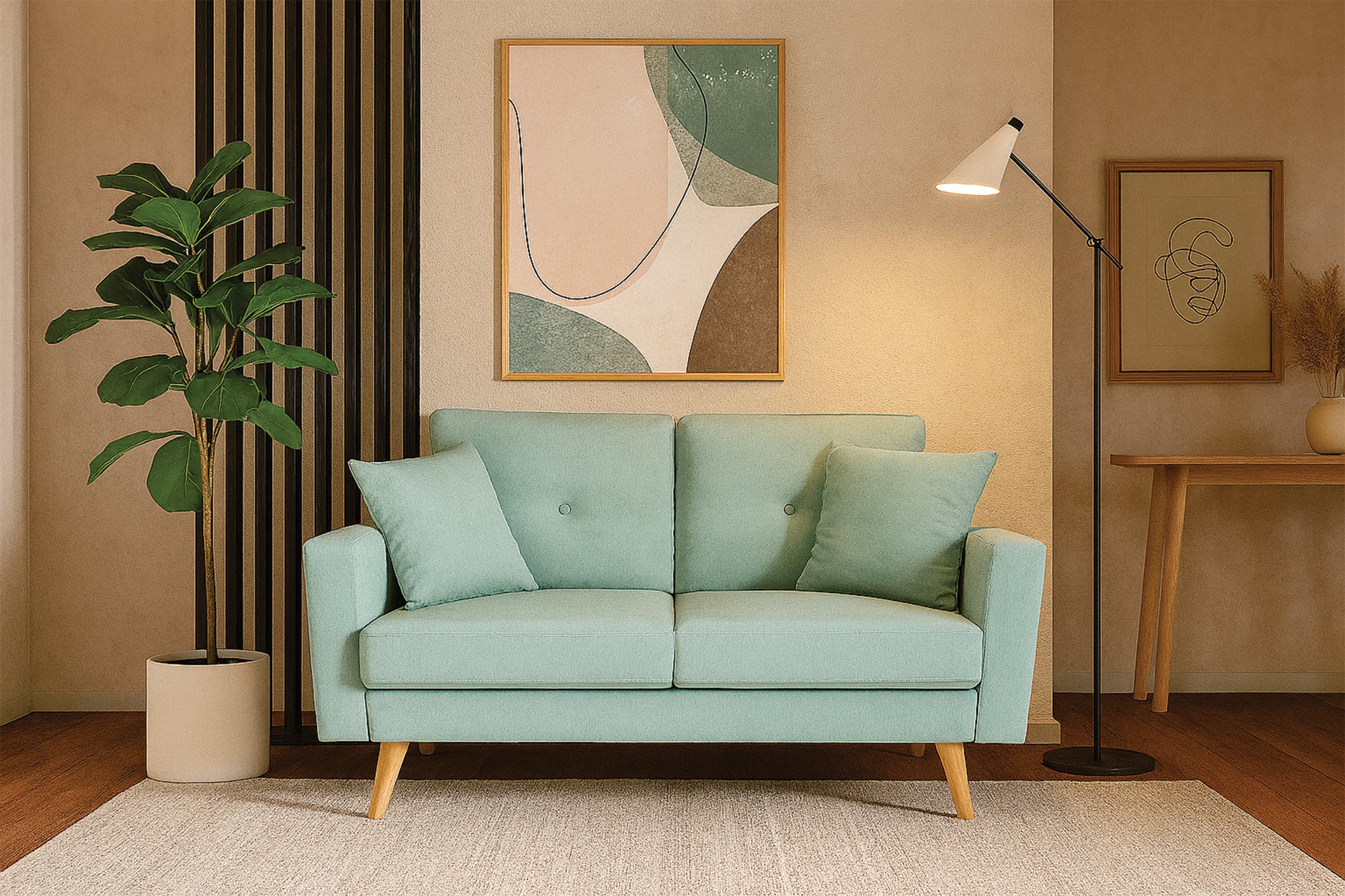 Divano 2 posti in tessuto vellutato verde tiffany piedi in legno - Chloe - DI2P-CH20FBC-PL