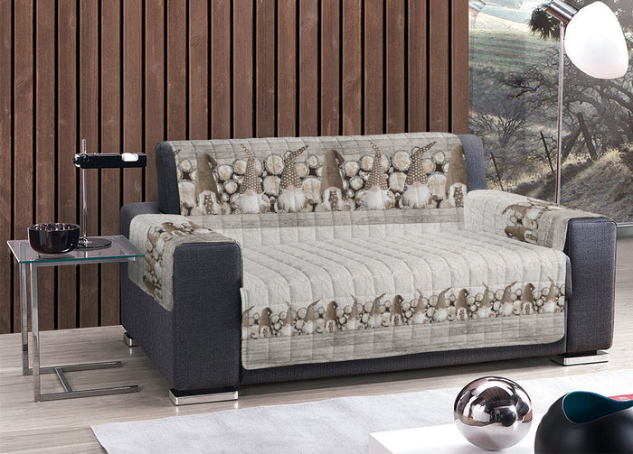 Copridivano Trapuntato Disegno Gnomi Colore Beige - 2 Posti - Beige