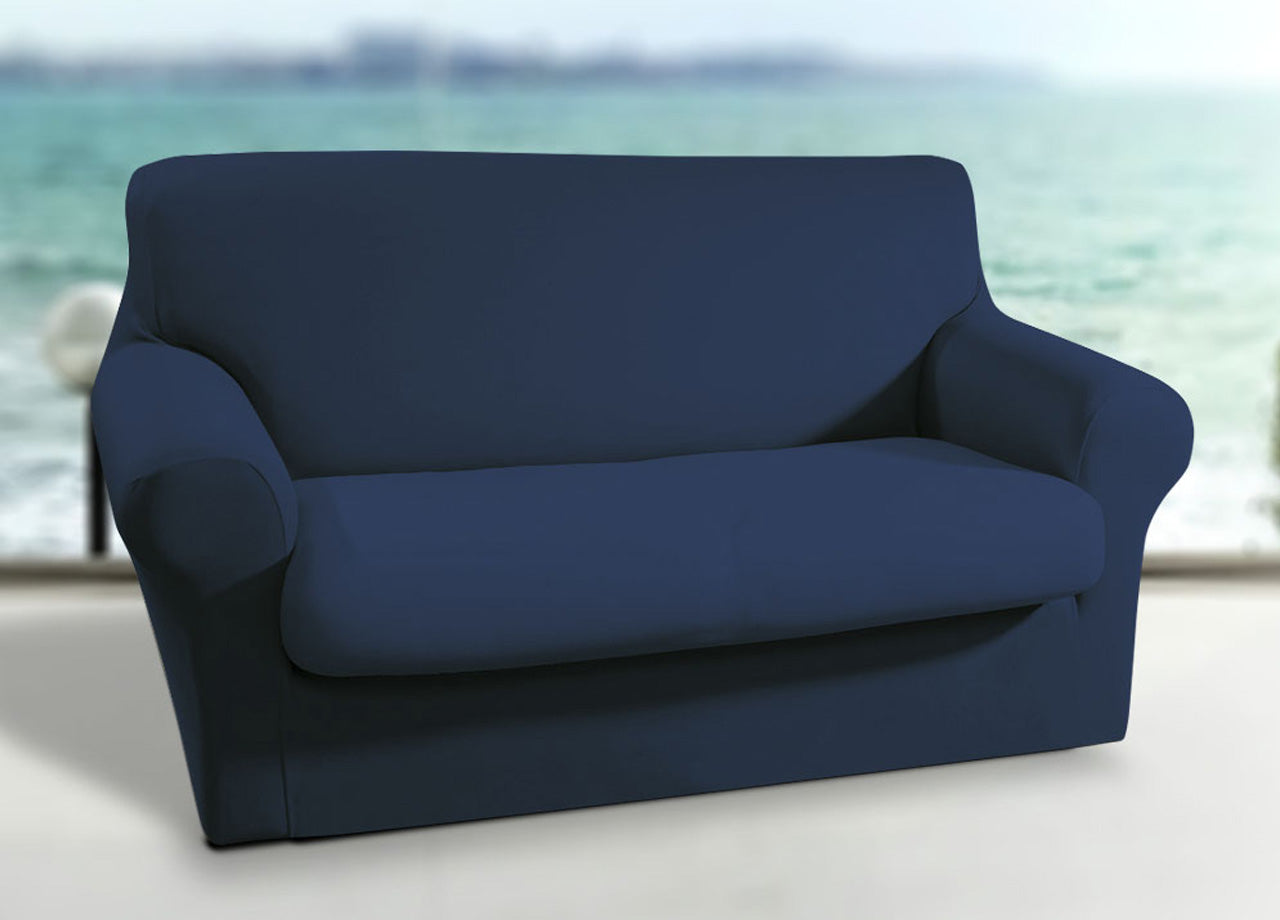 Copridivano-Copripoltrona Antimacchia Elasticizzato Tinta Unita Modello Magic - 4 Posti - Blu