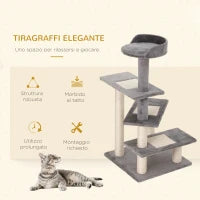 Tiragraffi per Gatti da 100cm con Lettino Rotondo, Pali in Sisal e Rivestimento in Peluche, Grigio
