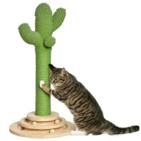 Albero Tiragraffi a Cactus per Gatti, Corda Sisal e Base con Palline in Legno, 32x32x60cm
