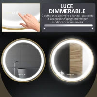 kleankin Specchio Bagno con Luce LED, Luminosità Regolabile a 3 Tonalità e Funzione Memoria, Ø60 cm, Oro