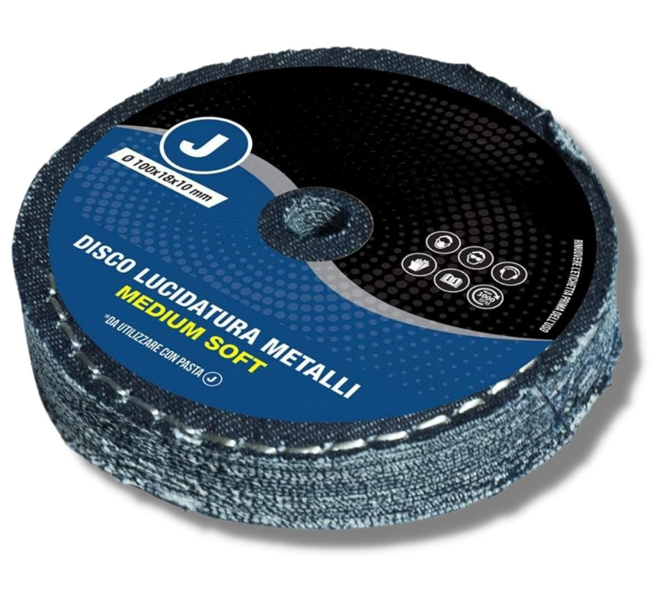 Disco Lucidatura In Cotone Jeans Medium Soft 100 mm Per Lucidare A Specchio Alluminio Acciaio Inox Cromature Metalli Ottone Rame Da Mola Lucidante
