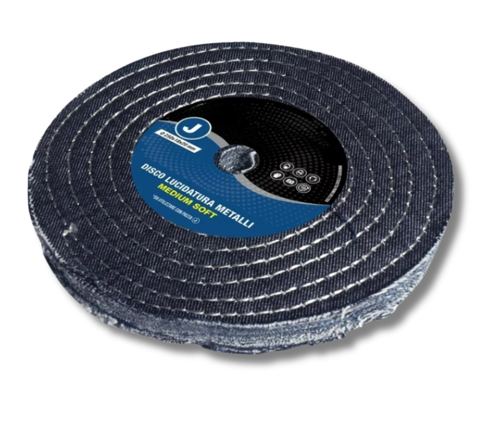 Disco Lucidatura In Cotone Jeans Medium Soft 250 mm Per Lucidare A Specchio Alluminio Acciaio Inox Cromature Metalli Ottone Rame Da Mola Lucidante