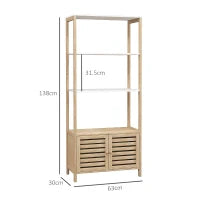 Mobile Bagno in Bambù con 3 Ripiani e Armadietto Inferiore, 63x30x138 cm, Color Legno e Bianco