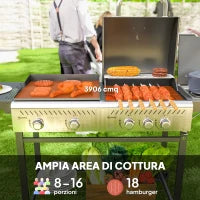 Barbecue a Gas con Piastra e Fornello, Coperchio con Termometro e Ripiani, Regolatore e Tubo Inclusi, Nero