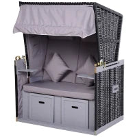 Sdraio da Spiaggia Reclinabile a 2 Posti con Tettuccio Parasole e Cassetti, Grigio