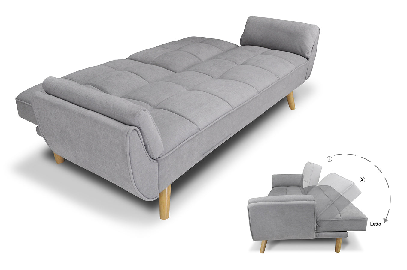 Divano letto clic clac in tessuto vellutato grigio chiaro - divano 3 posti mod. Ambra piedi legno naturale DL-AM01FBC