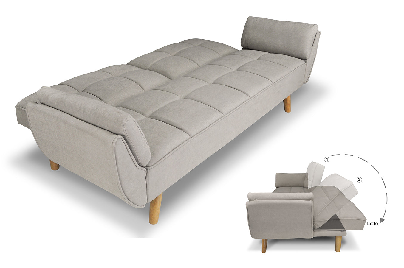 Divano letto clic clac in tessuto tortora piede legno naturale - divano 3 posti - Ambra - DL-AM03FBC