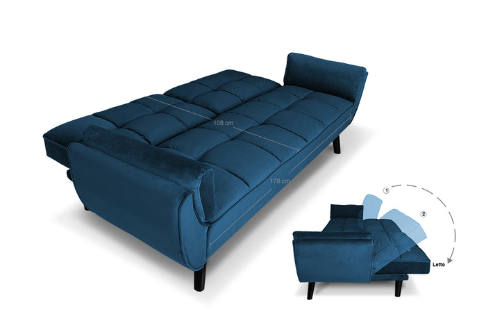 Divano letto clic clac in velluto blu piede nero mod. Ambra