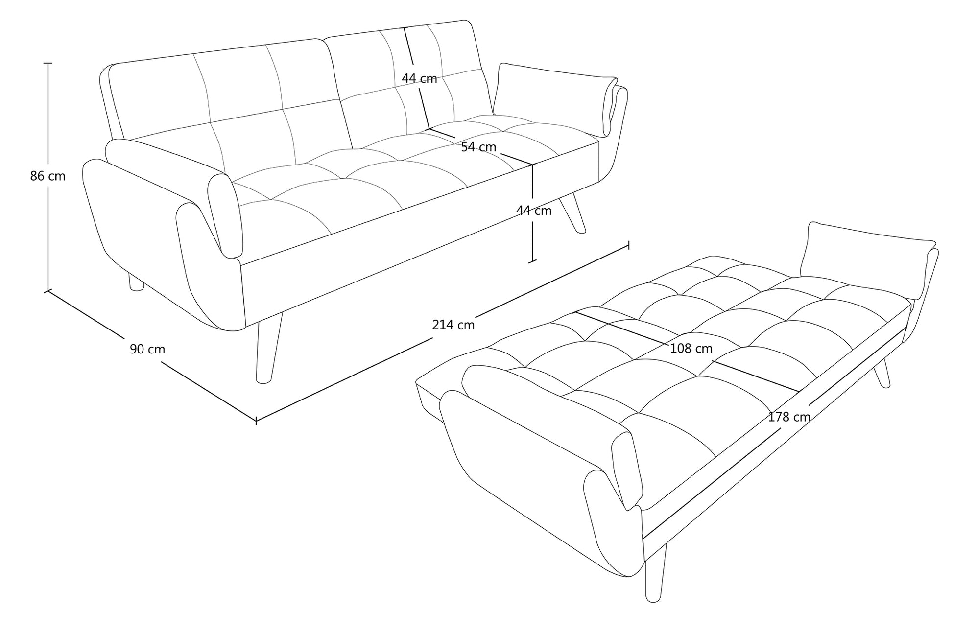 Divano letto clic clac in tessuto vellutato marrone - divano 3 posti mod. Ambra piedi legno naturale DL-AM09FBC