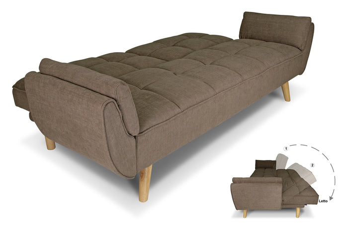Divano letto clic clac in tessuto vellutato marrone - divano 3 posti mod. Ambra piedi legno naturale DL-AM09FBC