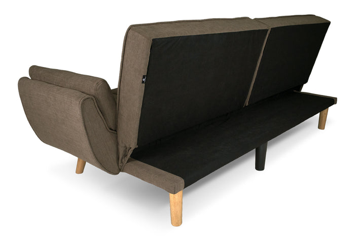 Divano letto clic clac in tessuto vellutato marrone - divano 3 posti mod. Ambra piedi legno naturale DL-AM09FBC