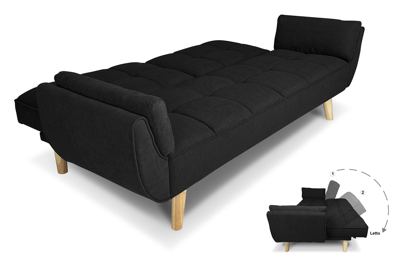 Divano letto clic clac in tessuto vellutato nero piedi legno naturale - divano 3 posti Ambra DL-AM10FBC