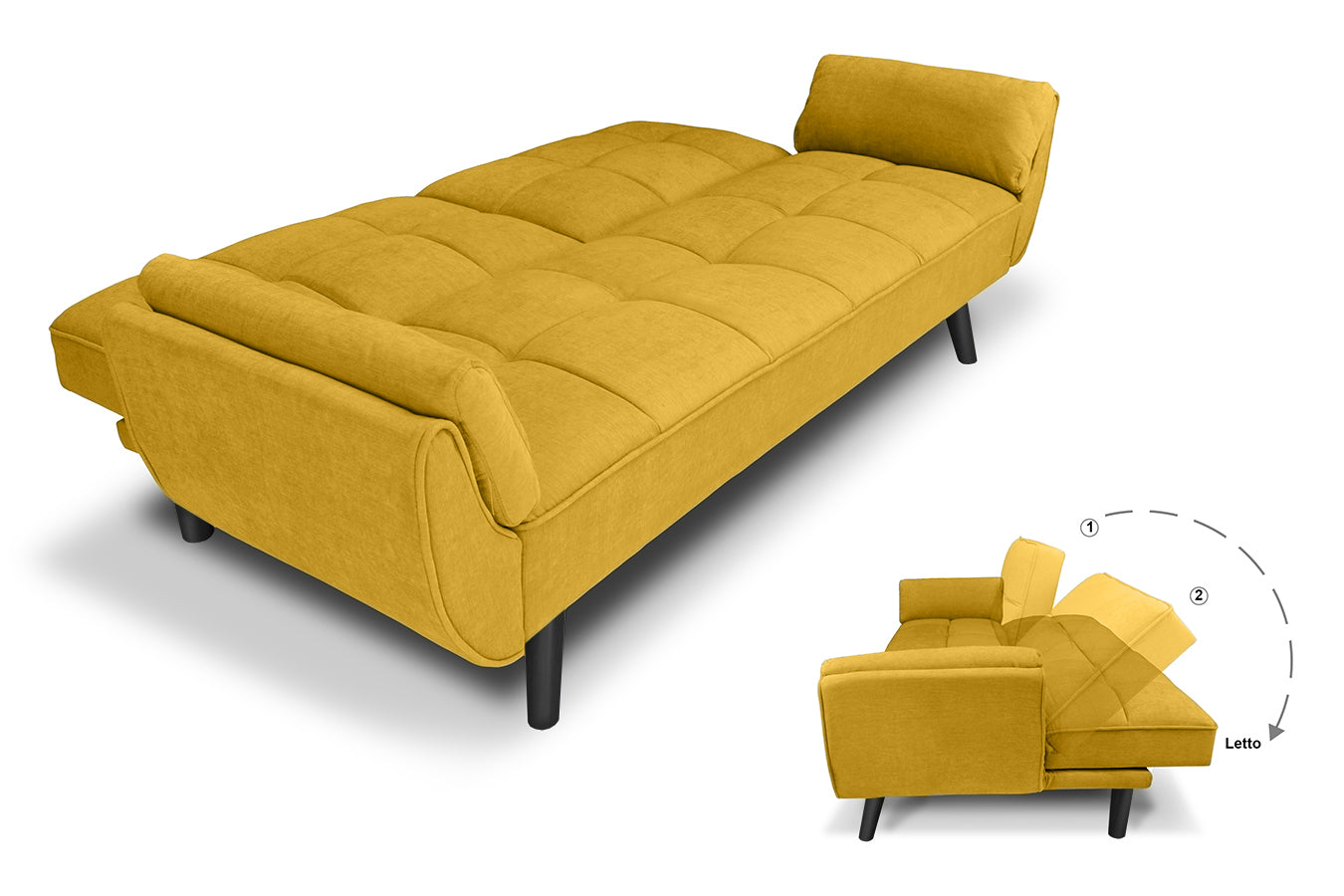 Divano letto clic clac in tessuto vellutato giallo - Ambra
