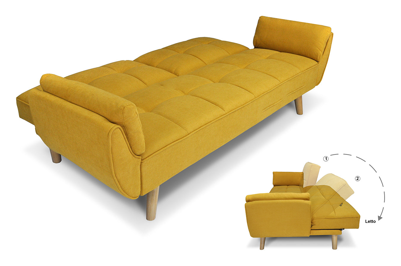Divano letto clic clac in tessuto vellutato giallo piede legno naturale - divano 3 posti - Ambra - DL-AM16FBC