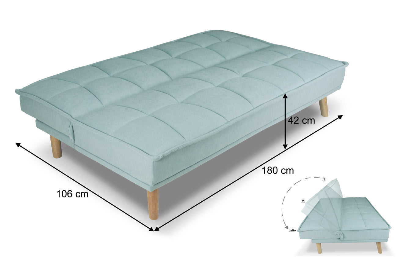 Divano letto clic clac in tessuto vellutato, divano 3 posti mod. Bart - Colore: Verde tiffany - DL-BA20FBC