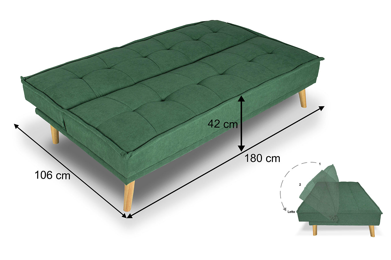 Divano letto clic clac in tessuto vellutato, divano 3 posti mod. Bart - Colore: Verde abete - DL-BA38FBC